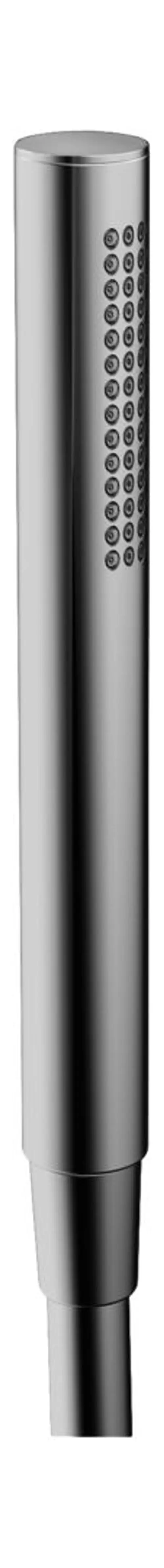 Handbrause von HANSA mit schlankem, metallic-chromfarbenem Design, zylindrischer Form und punktierter Griffoberfläche für eine ergonomische Handhabung.
